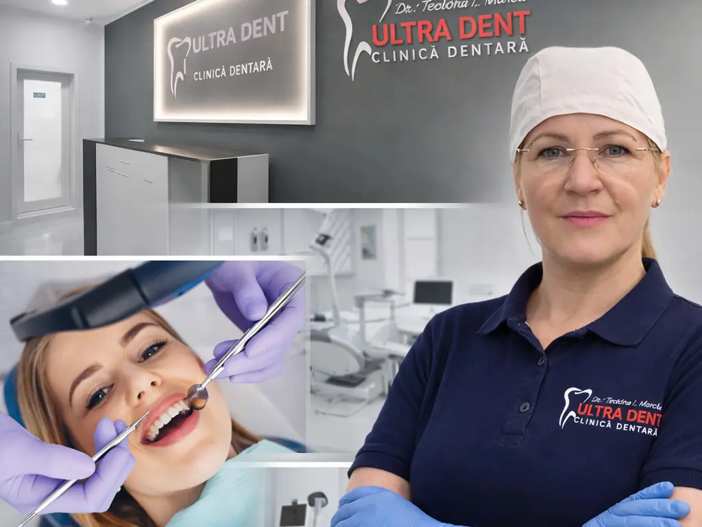 Recepția clinicii Ultra Dent, dr. Teodora Marcu și un pacient în timpul unui control